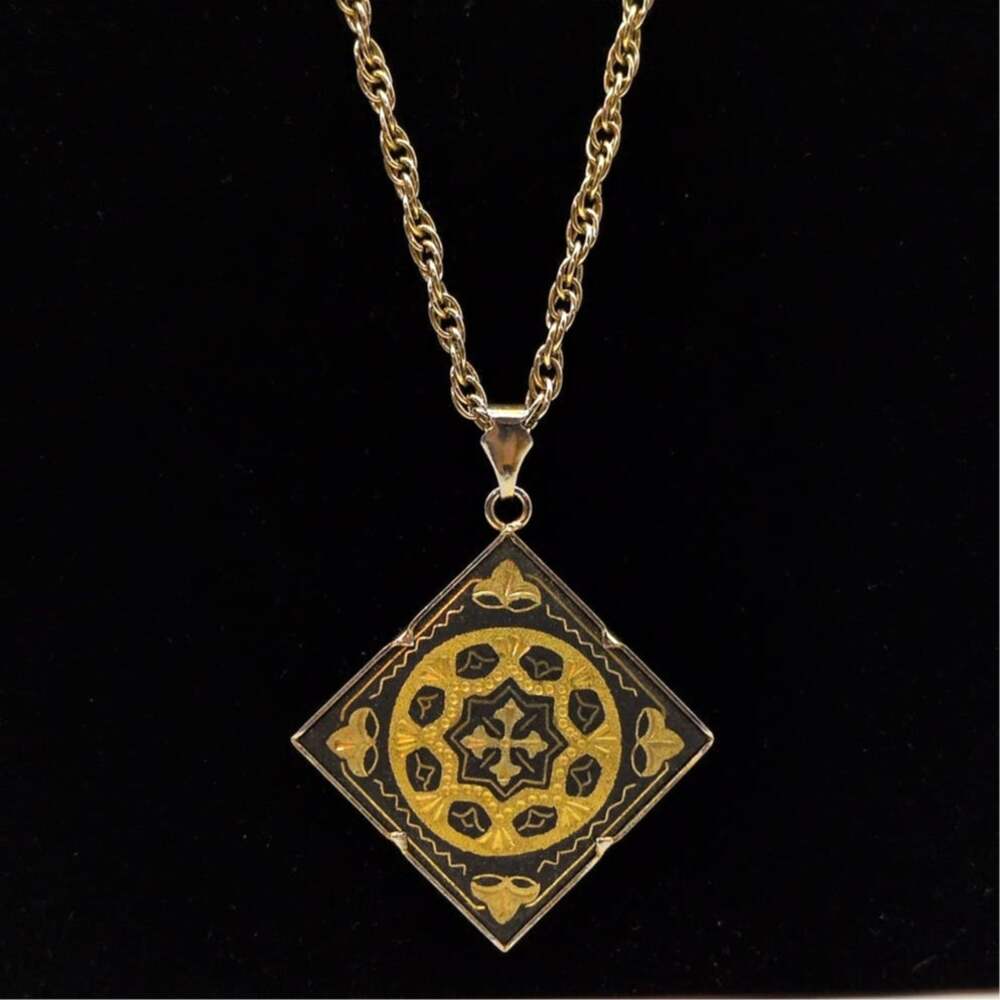 Vintage Spanish Damascene Black and Gold Tone Diamond Shape Pendant Necklace